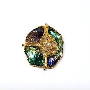 Abstract Enamel Brooch Pin Faux Pearl Gold Tone Green Blue Costume Jewelry 1.75"